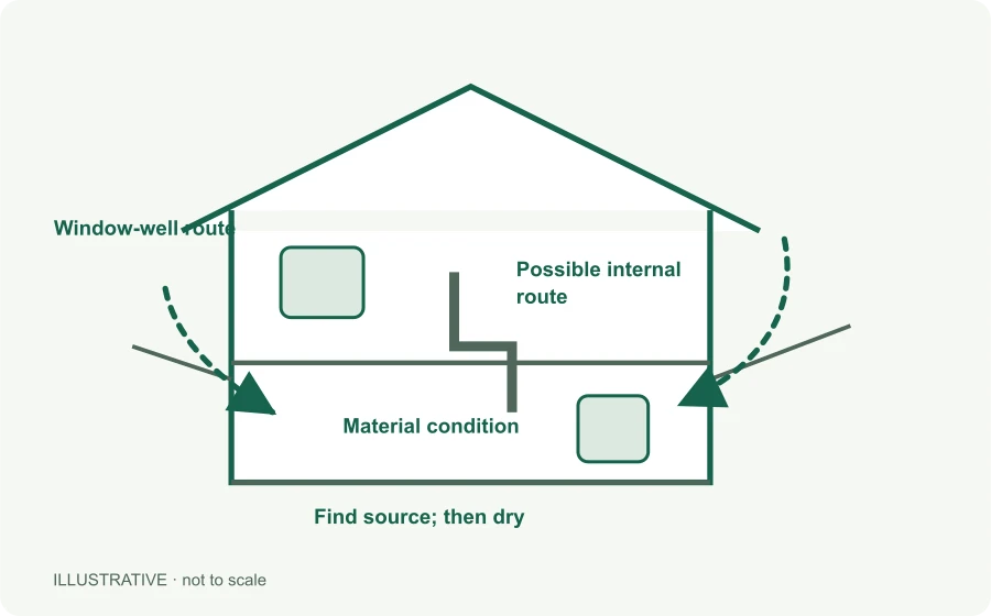 Illustrative moisture concept supporting A basement moisture pattern has a sequence