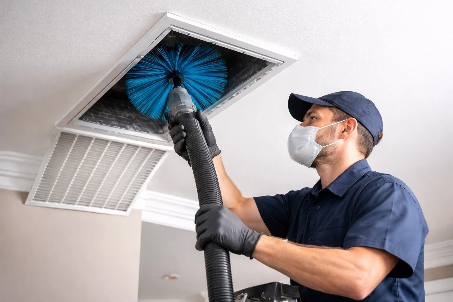 Technician in a mask and gloves cleaning a ceiling air duct with a rotary brush and vacuum hose