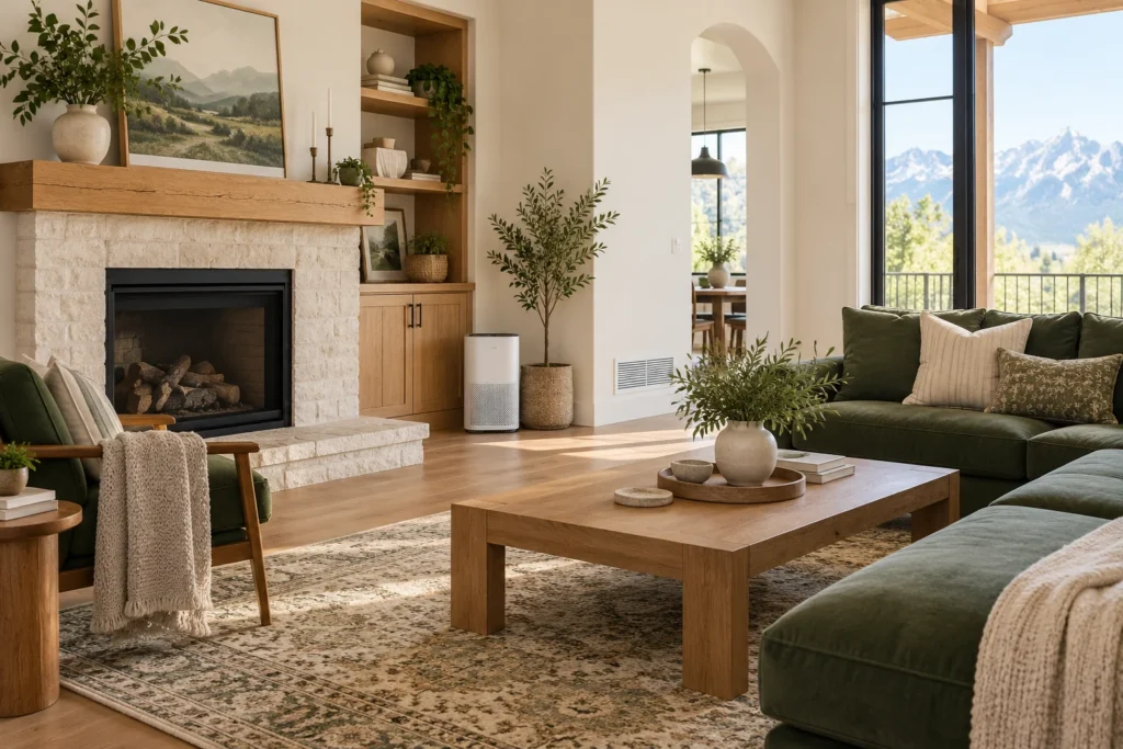 Illustrative living room with a return grille and portable air cleaner