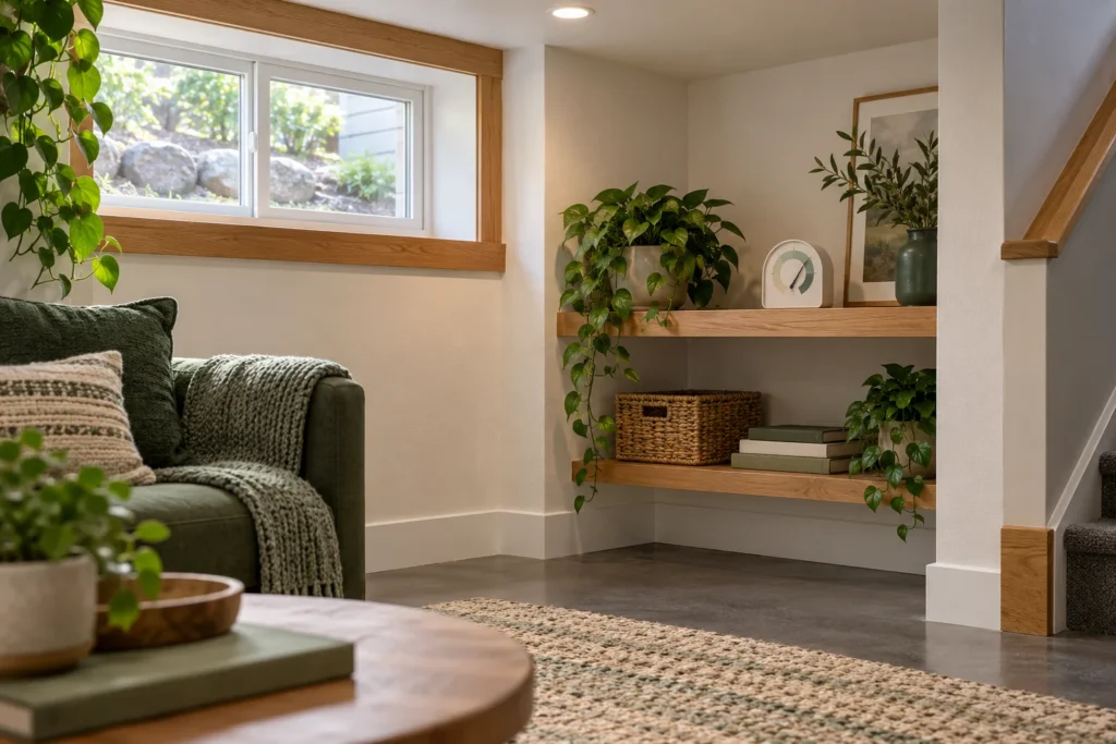 Illustrative finished basement and humidity meter
