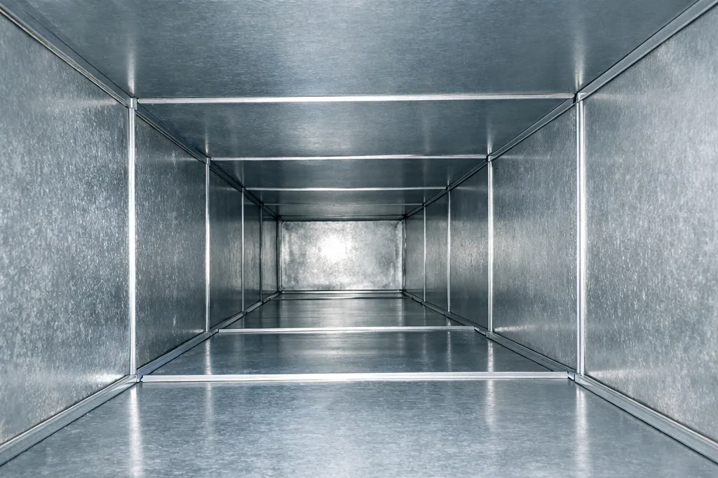 The same residential air duct after professional cleaning, its metal walls clear of dust and debris