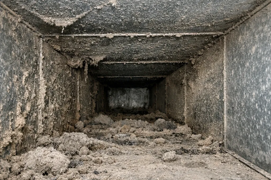 Interior of a residential air duct heavily coated with grey dust and debris before cleaning