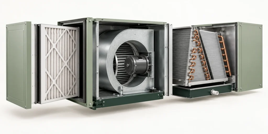 Illustrative separated filter, blower and coil components of an air handler