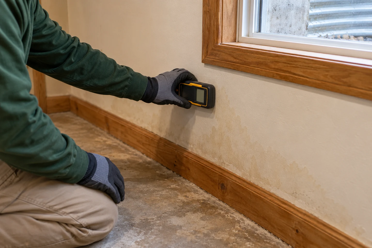 Illustrative moisture evaluation beside a basement wall