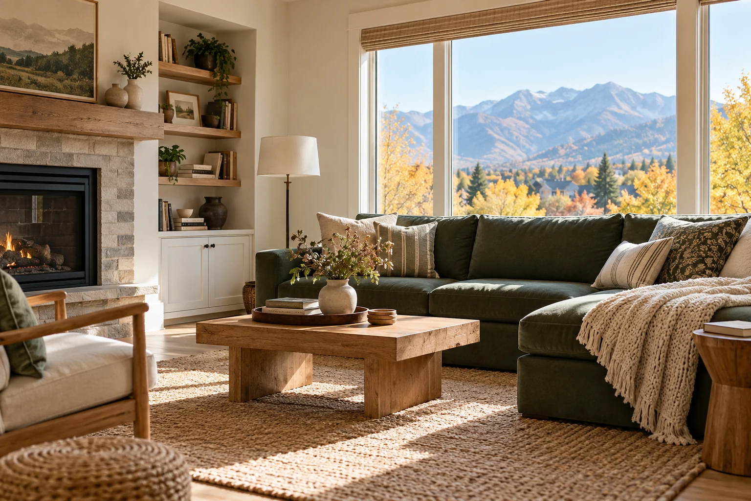 Illustrative comfortable Utah living room with mountain views