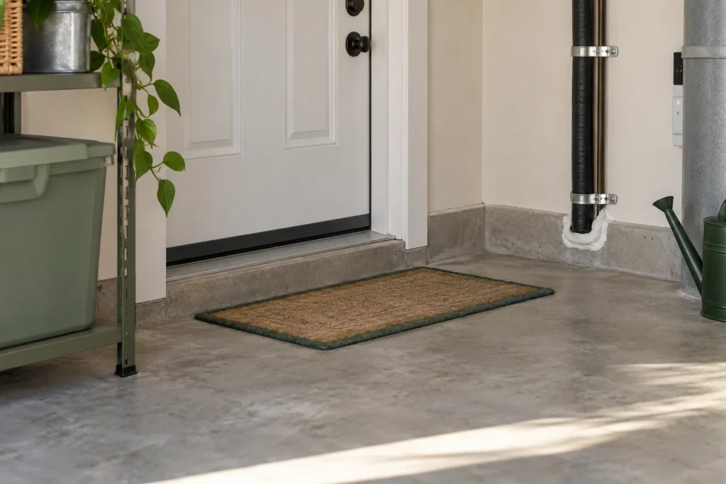 Illustrative door sweep and sealed utility penetration