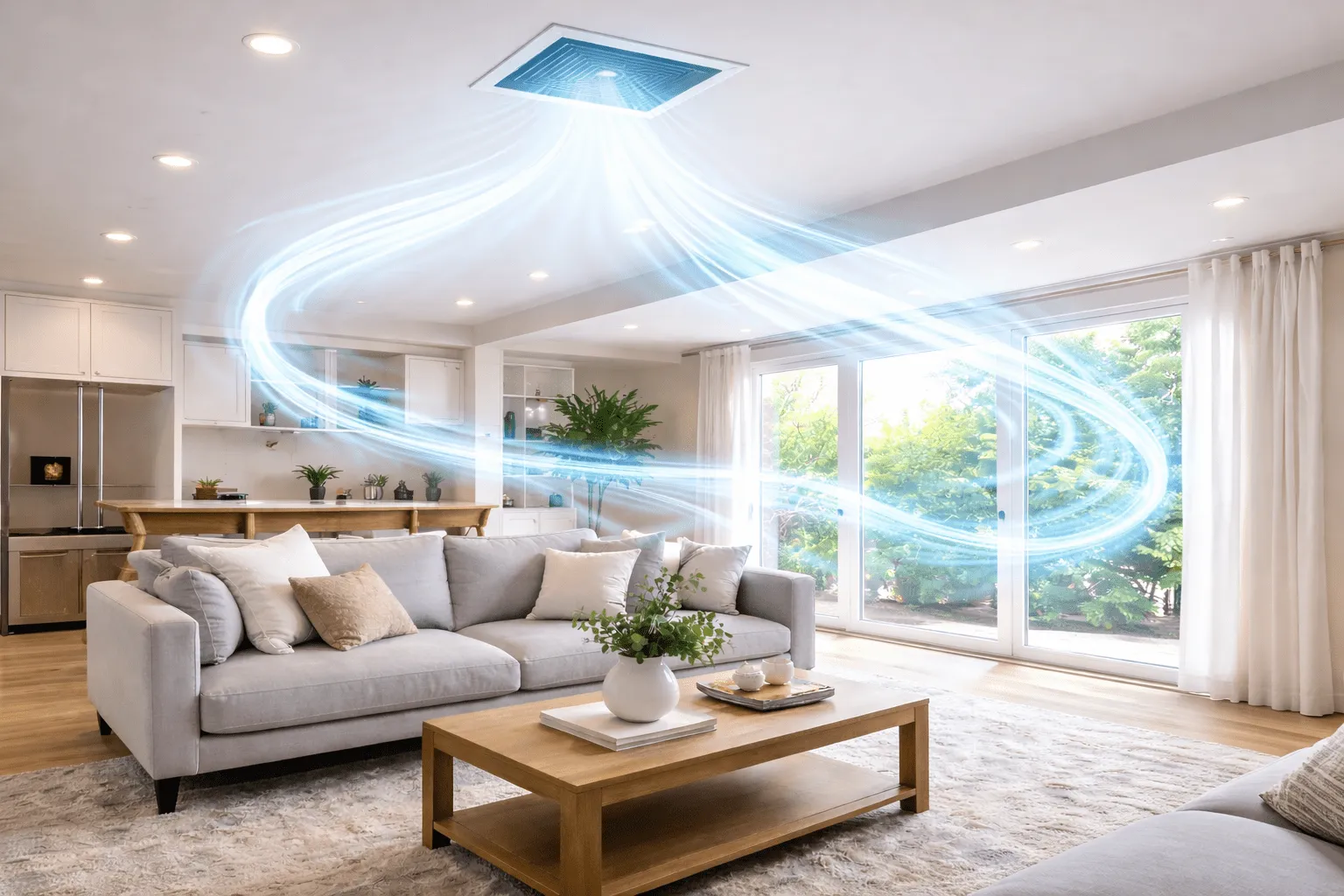 Purified air circulating from a ceiling vent through an open-plan living room and kitchen