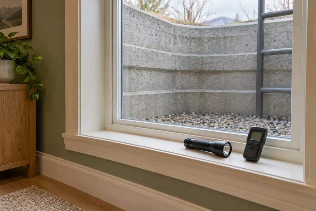 Illustrative home window and accessible wall inspection detail