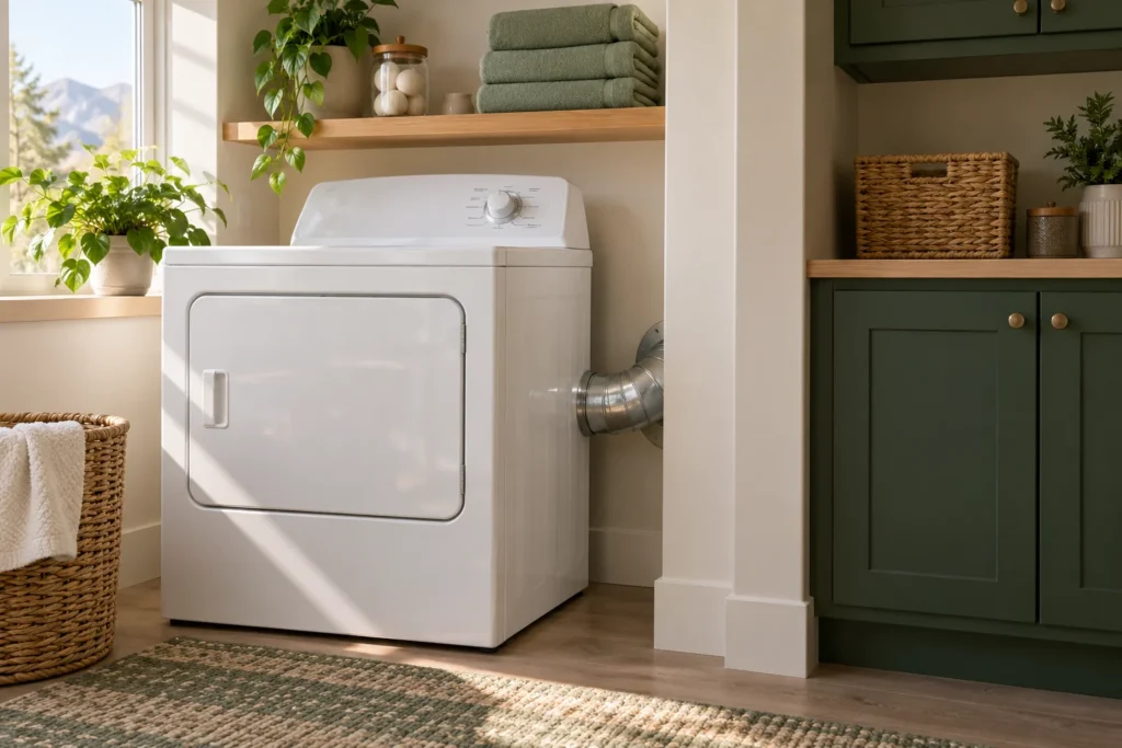 Illustrative laundry room with dryer exhaust connection